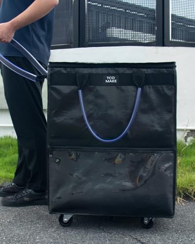 Large Black Reusable Grocery Bag on Wheels, Folding Rolling Tote - color: Black, size: Large