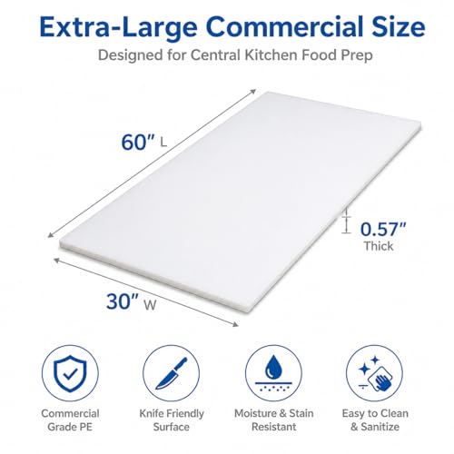 Commercial Cutting Board, Plastic Poly Kitchen Board Dishwasher Safe, Heavy Duty Food Prep Surface for Restaurant Use (60"L x 30"W x 0.57"Th) - color: White, size: 60"L x 30"W