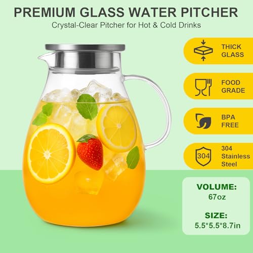 Glass Water Pitcher with Lid, 67oz / 2L Heat-Resistant Jug for Iced Tea, Juice, Coffee, and Daily Use - size: 67.6 Ounces