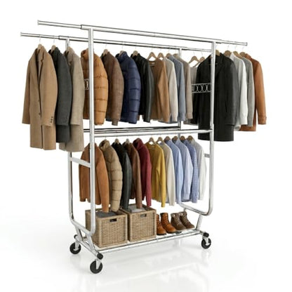 Heavy Duty Clothes Rack with Wheels, Garment Rack Load 660 LBS, Rolling Clothes Rack for Hanging Clothes, Height Adjustable& Scalable& Foldable, for home or commercial, 75"x 22"x 73", Silver - color: 4 Rods& Silver