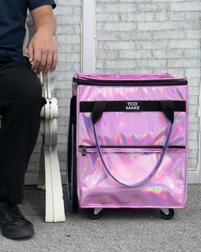 Small Phantom Pink Reusable Grocery Bag on Wheels, Folding Rolling Tote - color: Phantom Pink, size: Small