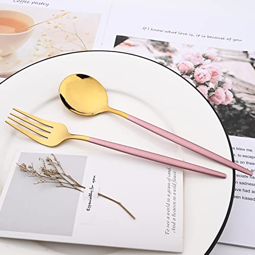 Mirror Cutlery Serving Set, 24-piece 18/0 Stainless Steel Silverware With Pink Handle Simple & Modern Tableware For Home Party Restaurant Christmas Dinner, Service For 6 (Pink Gold) - color: Pink gold