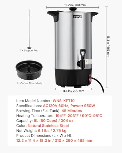 VEVOR Commercial Coffee Urn 60 Cups, 9.5 qt Hot Beverage Dispenser - size: 60Cups