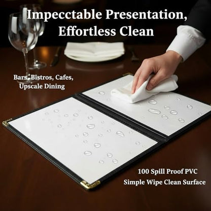 Restaurant Menu Covers 8.5 x 11 – Black Faux Leather Menu Holder with Gold Corners, 2 Pages 4 Views, Waterproof Menu Covers for Restaurants, Cafes & Bars