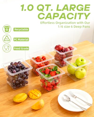 6 Pack Food Pan with Lids,1/6 Size Shatterproof Stackable Plastic Hotel Food Pan for Party, Catering, Home kitchens Meal Prep,-40°F to 212°F (2.35QT(2.22L), 1/6 size 6" deep) - size: 1/6 size 6" deep