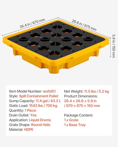 VEVOR Spill Containment Pallet, 1 Drum Low Profile Spill Containment Modular Platform, 11.4 Gallon Sump, 1543 lbs Load Capacity, Heavy-Duty Polyethylene Tray with Drain, 26.4" x 26.6" x 5.9", Yellow