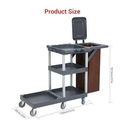 Commercial Traditional Janitorial 3-Shelf Cleaning Cart, Janitorial Carts on Wheels with Cover and Vinyl Bag, Custodial Cart, Housekeeping Carts for Hotels, Stores, Schools, and Business