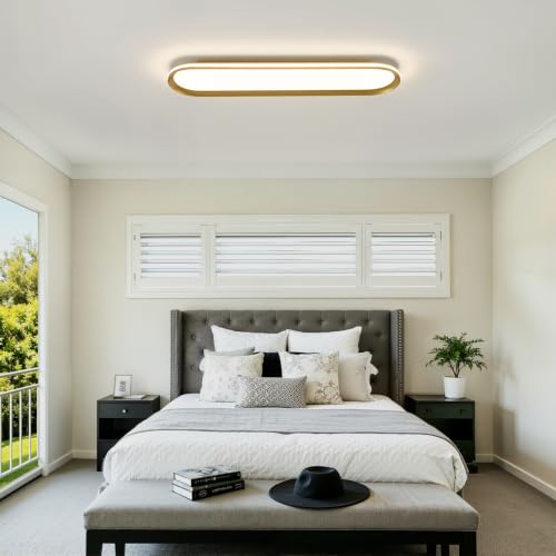 ADISUN Modern LED Ceiling Light Dimmable Linear Ceiling Light 31in Semi Flush Mount Long Lights with Remote Control and Side Lighting for Living Room Kitchen Dining Room Gold - color: Gold-1Pack, size: 31 Inch