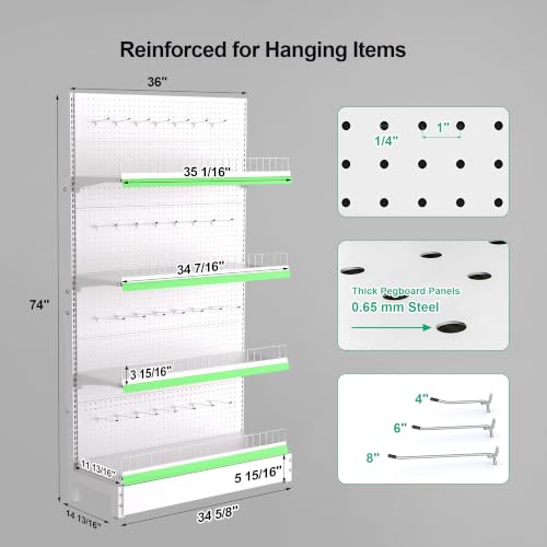 JWX White Gondola Shelving Unit, 36" W x 74" H Single-Sided Retail Display Rack with Pegboard, 3 Adjustable Shelves, 30 Hooks & Label Holders for Stores, Trade Shows, Showrooms & Pop-Up Shops