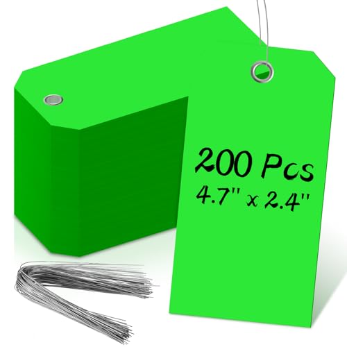 4 3/4" x 2 3/8" Shipping Tags with Wire Paper Heavy Duty Hang Tags with Reinforcement Holes Writable Luggage Tag with String Durable Marking Tags (200, Neon Green, 4 3/4" × 2 3/8") - color: Neon Green, size: 4 3/4" × 2 3/8"
