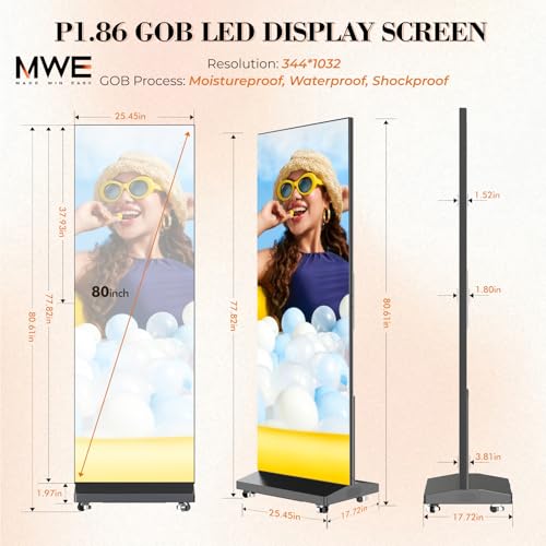MWE P1.86 LED Poster Screen with Flight Case, 80" LED Digital Signage Display with Publishing System, Foldable Advertising Display Kiosk Video Wall for Events, WiFi/USB/HDMI (2 Panels) - size: 80"-2 Panels