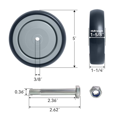 5'' Shopping Cart Wheels Replacement, 3/8" Casters Set of 4 Rubber Wheels for Cart Supermarket Grocery Retail Stores, Each Wheel Load 350lbs (4 Wheel, Grey) - style: Grey (3/8'' Bore)