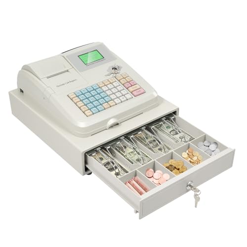 48 Keys Electronic Cash Register for Business with 8 Digital Display & Lockable Cashing Drawer, Commercial Cash Management System, POS Casher for Retail Store Restaurant Supermarket, Grey-White - color: Grey-white, size: 48 Keys