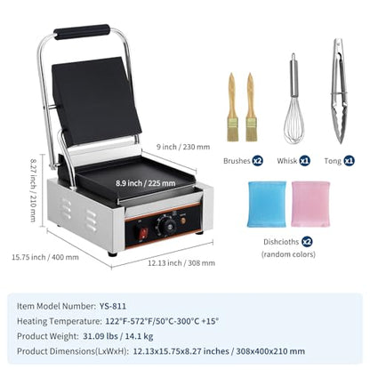 YS-811C 1800W Commercial Panini Press & Electric Grill, 9x9 Inch Sandwich Maker with 6-Temp Control, 110V Indoor Grill for Burgers, Panini, Breakfast, Silver - size: 9"x 9" with Smooth Plate