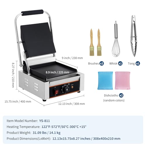 YS-811C 1800W Commercial Panini Press & Electric Grill, 9x9 Inch Sandwich Maker with 6-Temp Control, 110V Indoor Grill for Burgers, Panini, Breakfast, Silver - size: 9"x 9" with Smooth Plate
