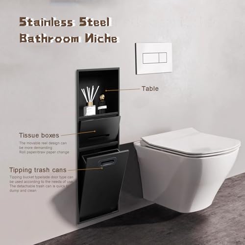 Stainless Steel Recessed Shower Nich with Built-in Trash Can(25.4X11.2IN) - color: Black