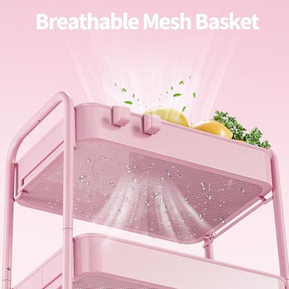 TOOLF 4 Tier Metal Rolling Cart, Utility Storage Cart with Wheels, Pink - color: Pink, size: 4-Tier