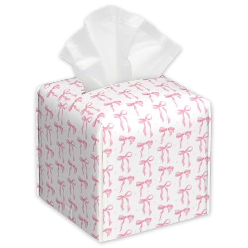 Pink Ribbon Bow Tissue Box Cover,PU Leather Tissue Box Holder Square,Modern Home Decoration for Bathroom Living Room Kitchen Office Car,5.2"×5.2"×5.2" - color: Pink Ribbon Bow