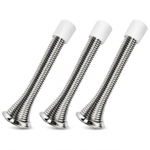 Spring Door Stopper Chrome – 3-Pack Wall Door Stopper – Easy Installation Doorstop with Rubber Bumper Tip – Heavy Duty Materials and No-Damage Design - color: Chrome