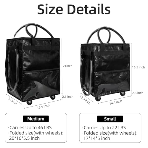 Medium Black Reusable Grocery Bag on Wheels, Folding Rolling Tote - color: Black, size: Medium