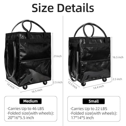 Small Black Reusable Grocery Bag on Wheels, Folding Rolling Tote - color: Black, size: Small