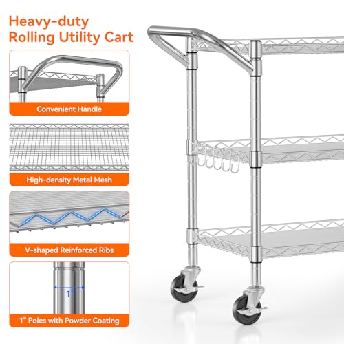 NTE 3 Tier Heavy Duty Rolling Utility Cart on Wheels, 990Lbs Capacity Rolling Wire Cart, Kitchen Carts on Wheels, NSF Commercial Metal Serving Cart with Handle and Shelf Liners for Kitchen, Restaurant - color: Sliver