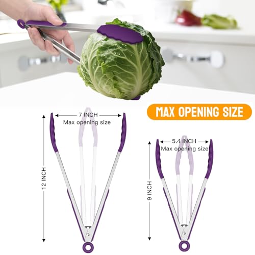 HOTEC Stainless Steel Kitchen Tongs with Silicone Tips, Set of 2-9" and 12" - color: Purple:12+9inch