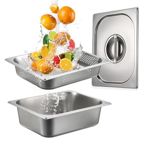 BSTKEY Stainless Steel Hotel Pans Half Size, 4 Inch Deep Steam Table Pan with Perforated Steam Tray and Lid, Warmer Breading Tray Food Pans for Kitchen Restaurant Supplies