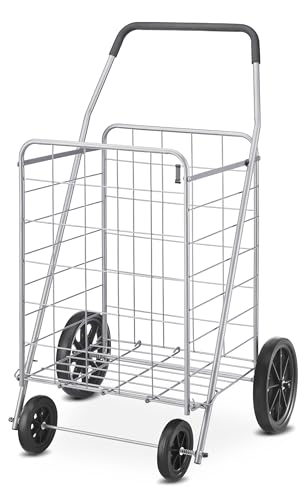 Whitmor Deluxe Utility Foldable Shopping Cart with Wheels, 100 Lb Capacity, Heavy Duty Grocery Cart with Steel Frame, Foam Handle, Rolling Folding Utility Trolley for Grocery, Laundry, Travel, Gray - size: 15.75"L x 17.75"W x 40.5"H, Light Gray