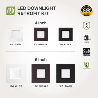 ASD LED Black Retrofit 4 Inch Recessed Lights - Square 9W 709LM 2700-5000K Recessed Lighting 4 Inch, Wet Rated Dimmable Can Lights, Baffle Trim Wafer Lights, UL 6 Pack - color: Black, size: 6 Pack