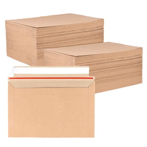 SINJEUN 200 PCS Brown Rigid Mailers, 9.8 x 6.4 Inches Self Seal Photo Document Mailer, Flat Kraft Cardboard Envelopes for Shipping CD, Photos, Document, Papers, Pictures