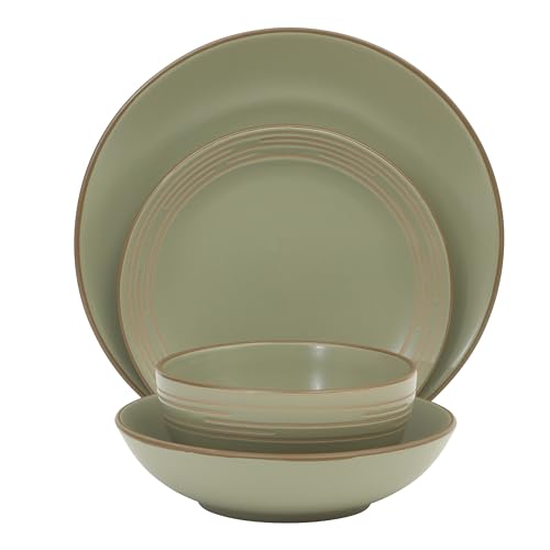 Gibson Home Chiswick House 16-Piece Stoneware Dinnerware Set, Round Plates and Bowls Set for 4, Green with Wax Relief Embossed Rim Detail, Dishwasher Safe – Dinner Plate, Salad Plate & Cereal Bowl - color: Green w/ Wax Relief Embossed Rim (Chiswick House)