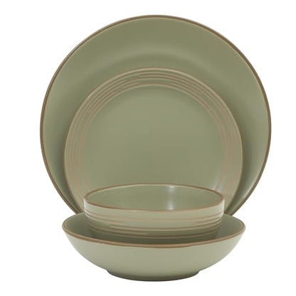 Gibson Home Chiswick House 16-Piece Stoneware Dinnerware Set, Round Plates and Bowls Set for 4, Green with Wax Relief Embossed Rim Detail, Dishwasher Safe – Dinner Plate, Salad Plate & Cereal Bowl - color: Green w/ Wax Relief Embossed Rim (Chiswick House)