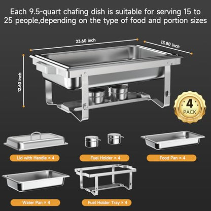 Chafing Dishes for Buffet 4 Pack, 9QT Chafing Dish High Grade Stainless Steel Chafer Complete Set,Steel Handle, Catering Events Complete Buffet Warmer Set (Silver, 4) - color: Silver, size: 4