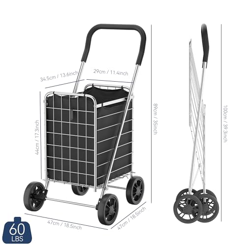 Whitmor Foldable Utility Shopping Cart with Wheels, 60Lb Capacity, Heavy Duty Grocery Cart with Steel Frame, Foam Handle, Rolling Utility Cart for Grocery, Laundry, Travel, Sliver/w Liner - size: 18.5"L x 18.5"W x 35"H，Sliver w/Liner