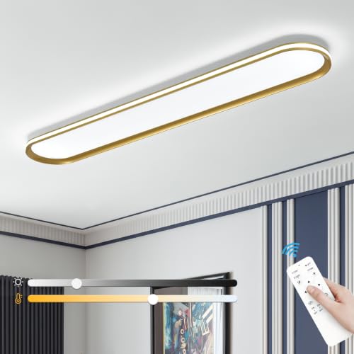 ADISUN Modern LED Ceiling Light Dimmable Linear Ceiling Light 47in Semi Flush Mount Long Lights with Remote Control and Side Lighting for Living Room Kitchen Dining Room Gold - color: Gold-1Pack, size: 47 Inch