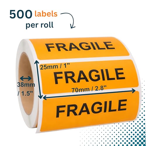 Fragile Orange Stickers, 500/Roll, Fluoro Courier & Handling Labels, 2.8" x 1" (70mm x 25mm), Permanent Adhesive - style: FRAGILE