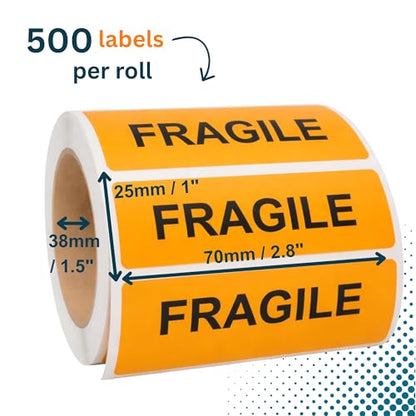 Fragile Orange Stickers, 500/Roll, Fluoro Courier & Handling Labels, 2.8" x 1" (70mm x 25mm), Permanent Adhesive - style: FRAGILE