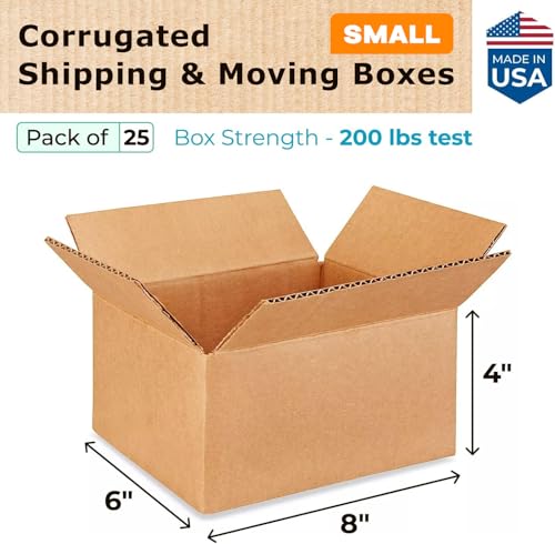 Small Moving & Shipping Boxes 8"L x 6"W x 4"H (25-Pack) - Extra Strength 200 lb vs Regular - Corrugated Boxes for Packaging Moving Stuff - Corrugated Box - Square Cardboard Box by IDL Packaging - size: 8 * 6 * 4" (Small Boxes)