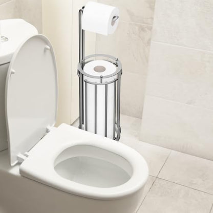 Meangood Toilet Paper Holder Stand and Tissue Paper Roll Dispenser for 4 Mega Rolls, Bathroom Free Standing Tissue Roll Storage Holder Rack, Detachable (Matte Silver) - color: Matte Silver