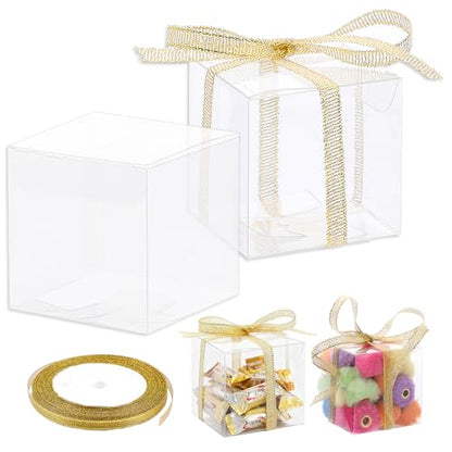 Gabrella 60 Pack Clear Favor Boxes, 2x2x2 Inch Candy Boxes with Ribbons, Small Candy Containers Plastic Gift Box for Macaron, Wedding, Baby Shower, Birthday, Party Favors
