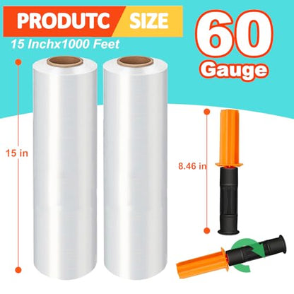 Stretch Wrap Film, 15" x 1000Ft Shrink Wrap Roll with Handles,60 Gauge Stretch Wrap Industrial Strength, Plastic Wrap for Pallet Wrapping Shipping Moving and Surface Protection (4 Pack-15"-60 Gauge) - size: 4 Pack-15"-60 Gauge