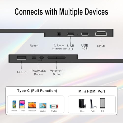Topmonitor Small Portable Monitor 10.5" 500 Nits 2000:1 FHD 1280P IPS Screen, Ultra-Slim Mini Monitor w/Kickstand & Dual Speaker, USB C HDMI HDR Portable Gaming Monitor, Travel Monitors for Laptop PCs