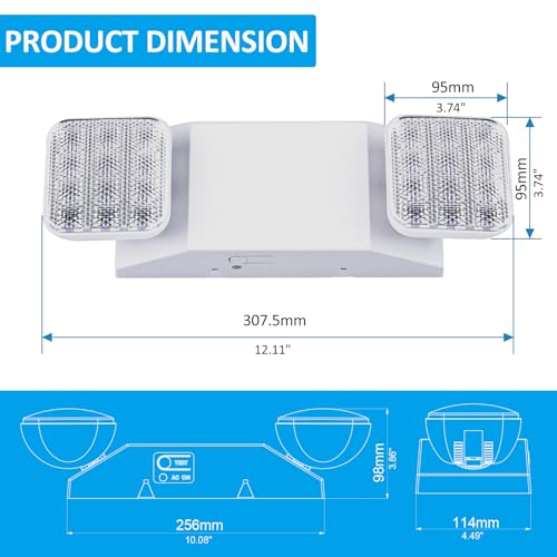 Indoor Emergency Lights with Battery Backup (90 Minutes), 2 Adjustable LED Heads of Power Outage, Wall Mount, Hard Wired, Test Switch and Charge Indicator 120-277V, Fire Resistant (UL 94V-0) 4 Pack.