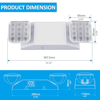 Indoor Emergency Lights with Battery Backup (90 Minutes), 2 Adjustable LED Heads of Power Outage, Wall Mount, Hard Wired, Test Switch and Charge Indicator 120-277V, Fire Resistant (UL 94V-0) 4 Pack.