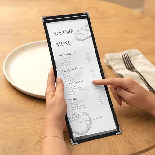 Ilyapa 30 Pack of Menu Covers 4.25 x 11 - Single Page, 2 View, Restaurant Menu Covers, 4.25x11 Clear Plastic Sleeves, Transparent Viewing Surfaces - color: Black, size: 4.25 x 11