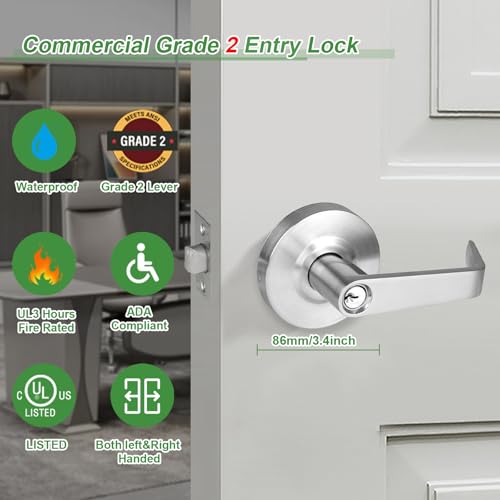 ANSI Grade 2 Commercial Keyed Entry Door Lever Handle with UL Listed, ADA Complaint, Satin Chrome 26D,GRD2-72ET-1P - size: KEYED ENTRY（2-3/4 IN Backset)