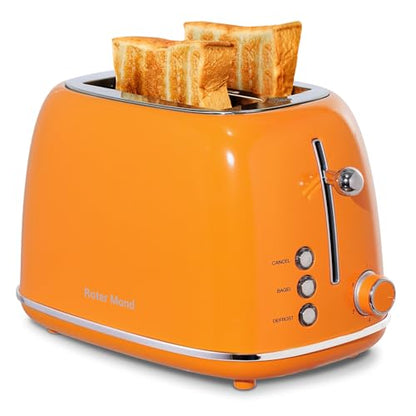 Roter Mond 2 Slice Toaster Retro Stainless Steel with Bagel, Cancel, and Defrost Functions, 6 Bread Shade Settings, Extra Wide Slots and Removable Crumb Tray, Orange - color: Orange