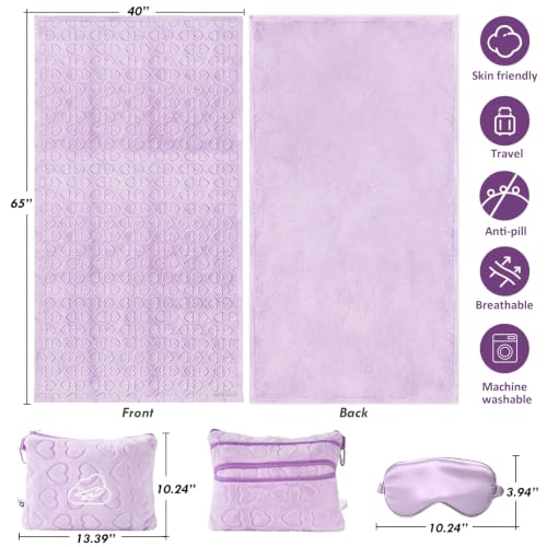 Travel Blanket, Airplane Blanket, Ultra-Soft, Warm & Lightweight, 65x40 in, Outdoor Blanket Essentials for Women, Men & Kids, Included Eye Mask, Luggage Sleeve & Backpack Clip Heart Purple - color: Heart Purple
