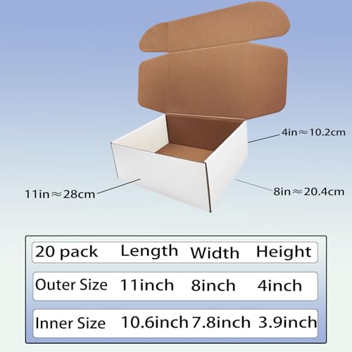 11x8x4 inch Shipping Boxes Set of 20, White Corrugated Cardboard Mailer Box - size: 11x8x4 -20 Pack